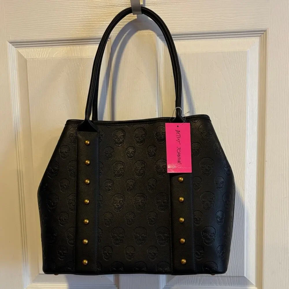 BNWT BETSEY JOHNSON XOSTUDDY Black Skull Embossed Large Tote Bag - Picture 1 of 6